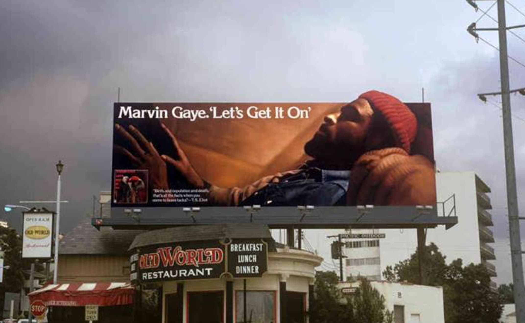 1980s billboards - Marvin Gaye.'Let's Get It On' Oper Aam Old World Breakfast Ald World Lunch Restaurant Dinner Stop Might Tjwn Only Cites